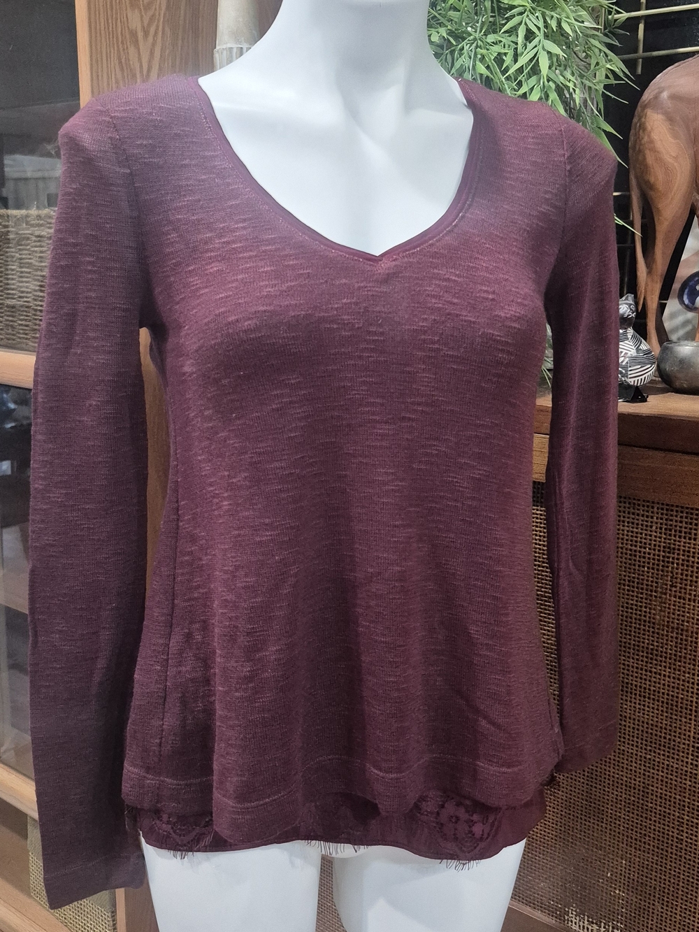 White House Black Market Burgundy V-Neck Long Sleeve Top